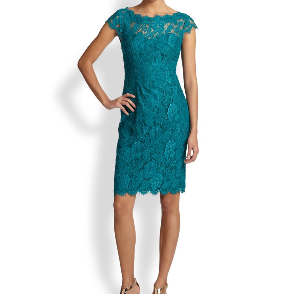 Monique Lhuillier Lace Fitted Midi Dress Size 2 Tiel Knee Length Elegant Classy